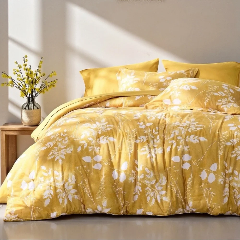 NEW Anthro 7 Piece Yellow Floral Boho Queen / King Bedding Comforter & Sham Set